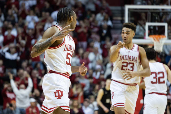 Indiana Hoosiers guard Tamar Bates (53) celebrates a made basket in the second half against the Michigan State Spartans at Simon Skjodt Assembly Hall.